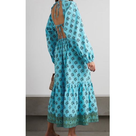 HANNAH Carmen open back printed cotton poplin maxi dress Turquoise - Picture 3 of 8